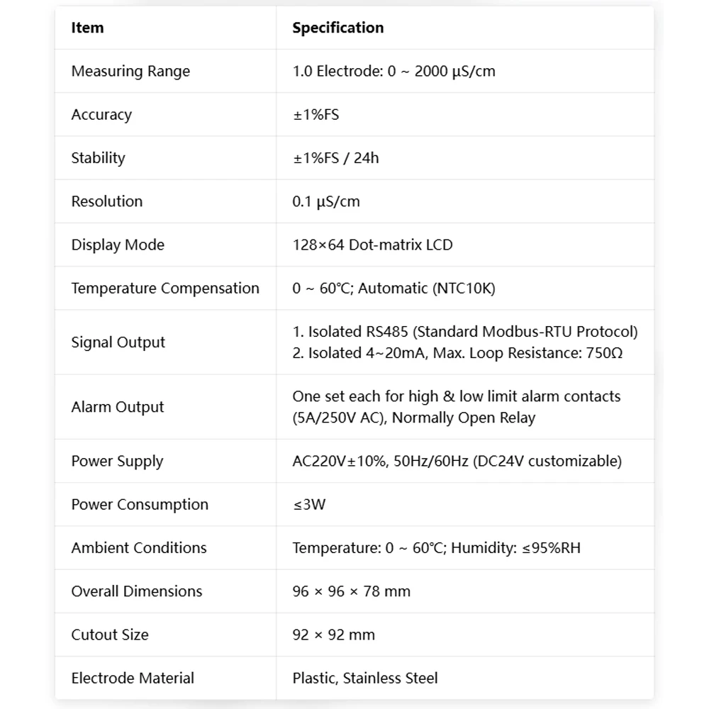 EC-Wasserqualitätssensor-Modul Kunststoff-Edelstahl-Sonde Elektrische Leitfähigkeit 0-2000uS mit Intelligenter Steueranzeige – Detail 2