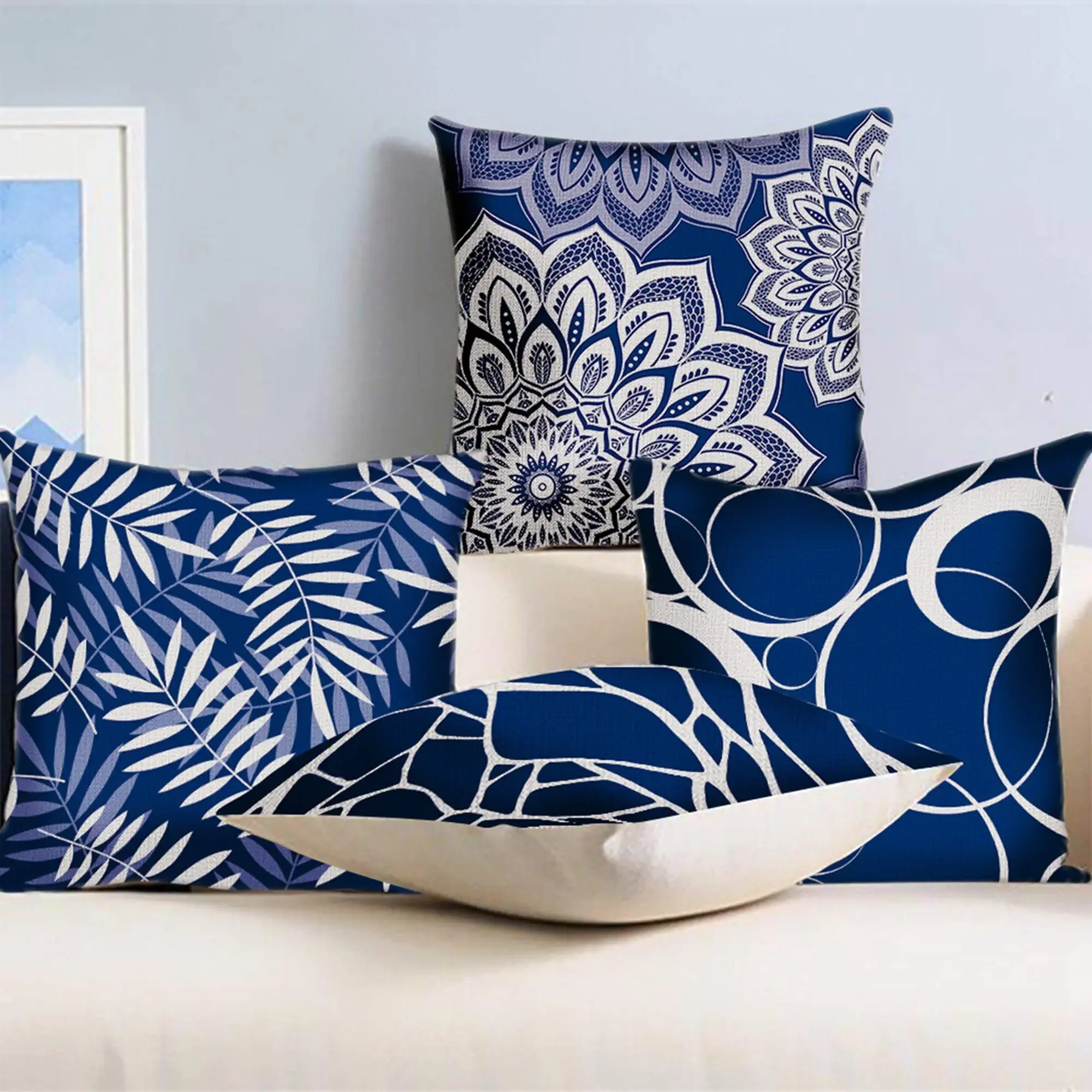 Dark blue geometric petal linen pillowcase sofa cushion cover home decoration can be customized for you 40x40 45x45 50x50 60x60
