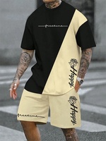 2025 hot selling spliced pattern men's T-shirt round neck short sleeved drawstring shorts outdoor breathable quick drying short