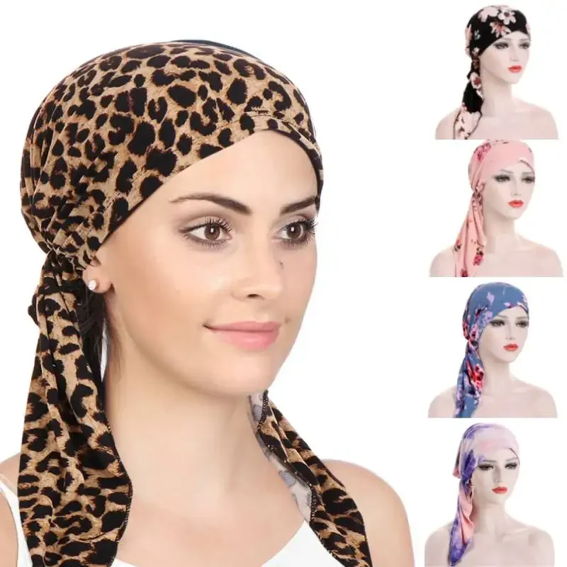 New Women Printed Pre-Tied Turban Cap Muslim Hijab Inner Caps Hair Loss Cover Beanies Bonnet Long Tail Headscarf Strech Bandana