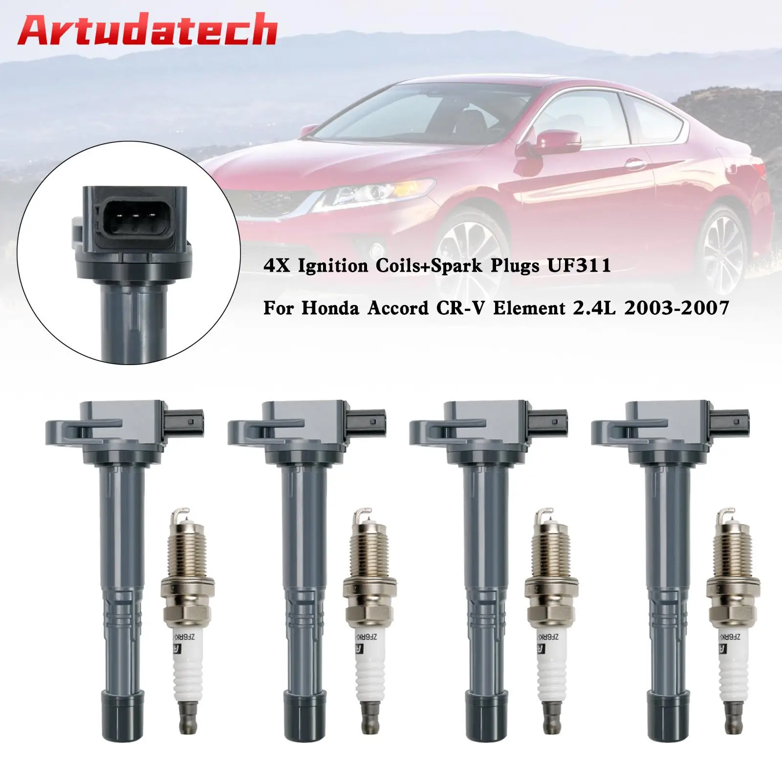 

Artudatech 4X Ignition Coils+Spark Plugs UF311 For Honda Accord CR-V Element 2.4L 2003-2007 Car Accessories