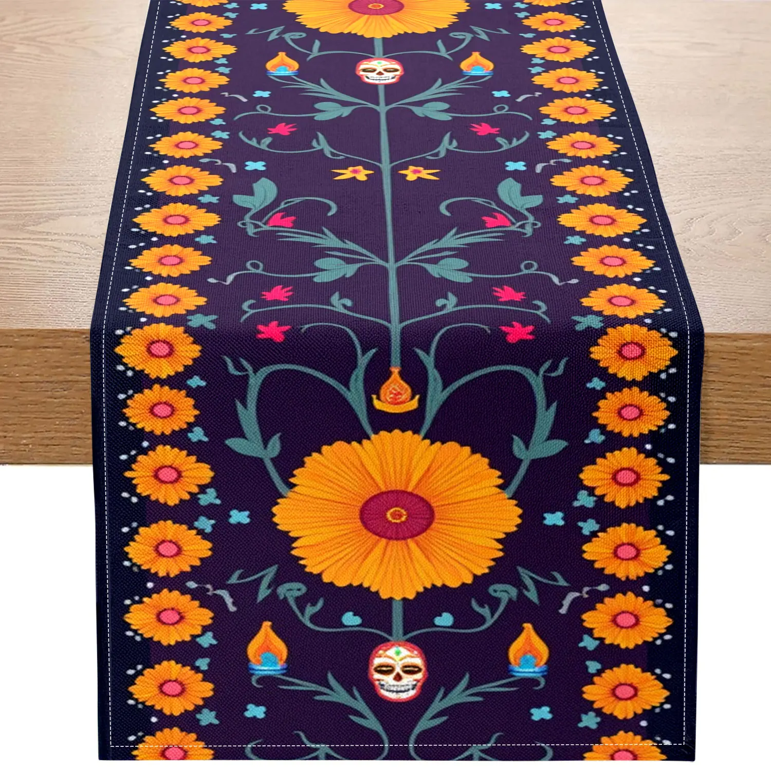 1 Piece of Mexican Day of the Dead Themed Table Runner, Decorated with Floral Figures, Marigolds, and Skulls, Suitable for Festivals and Exotic Decorations