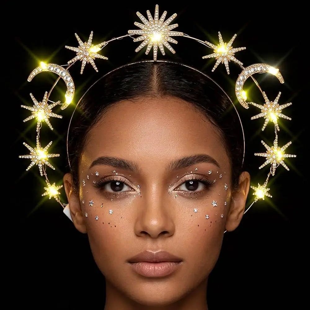 

Light Up Greek Goddess Headband LED Star Moon Crown Headbands Glow Baroque Rhinestone Hair Accessories for Women (Gold)