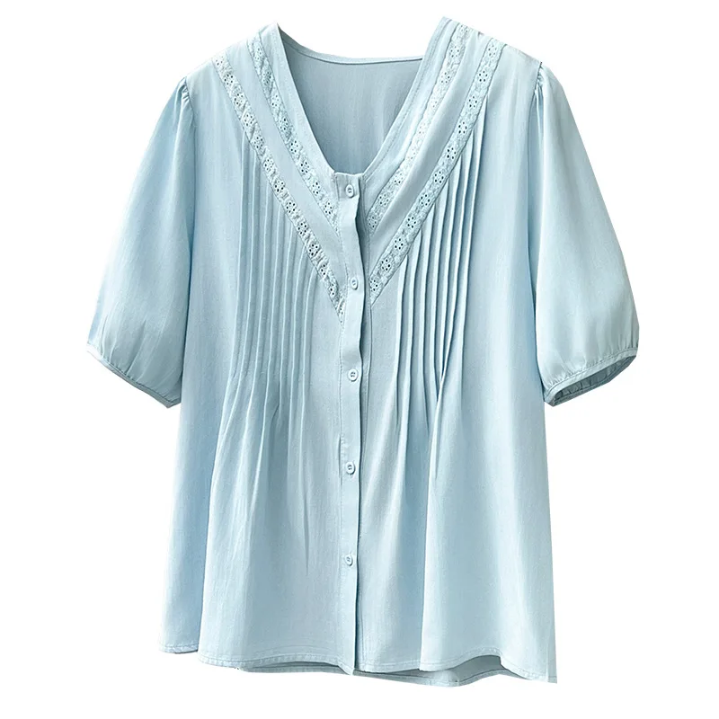 

2026 Summer Plus Size Lightweight Shirt Women Pleated V Neck Blouse Short Sleeve Open Cardigan Casual Tops For Curvy Ladies 2612