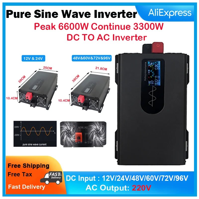 220V Portable Pure Sine Wave Solar Hybrid Inverter Peak Power 6600W, Continue Power 3300W, DC12V 24V 48V 60V 72V 96V To AC220V