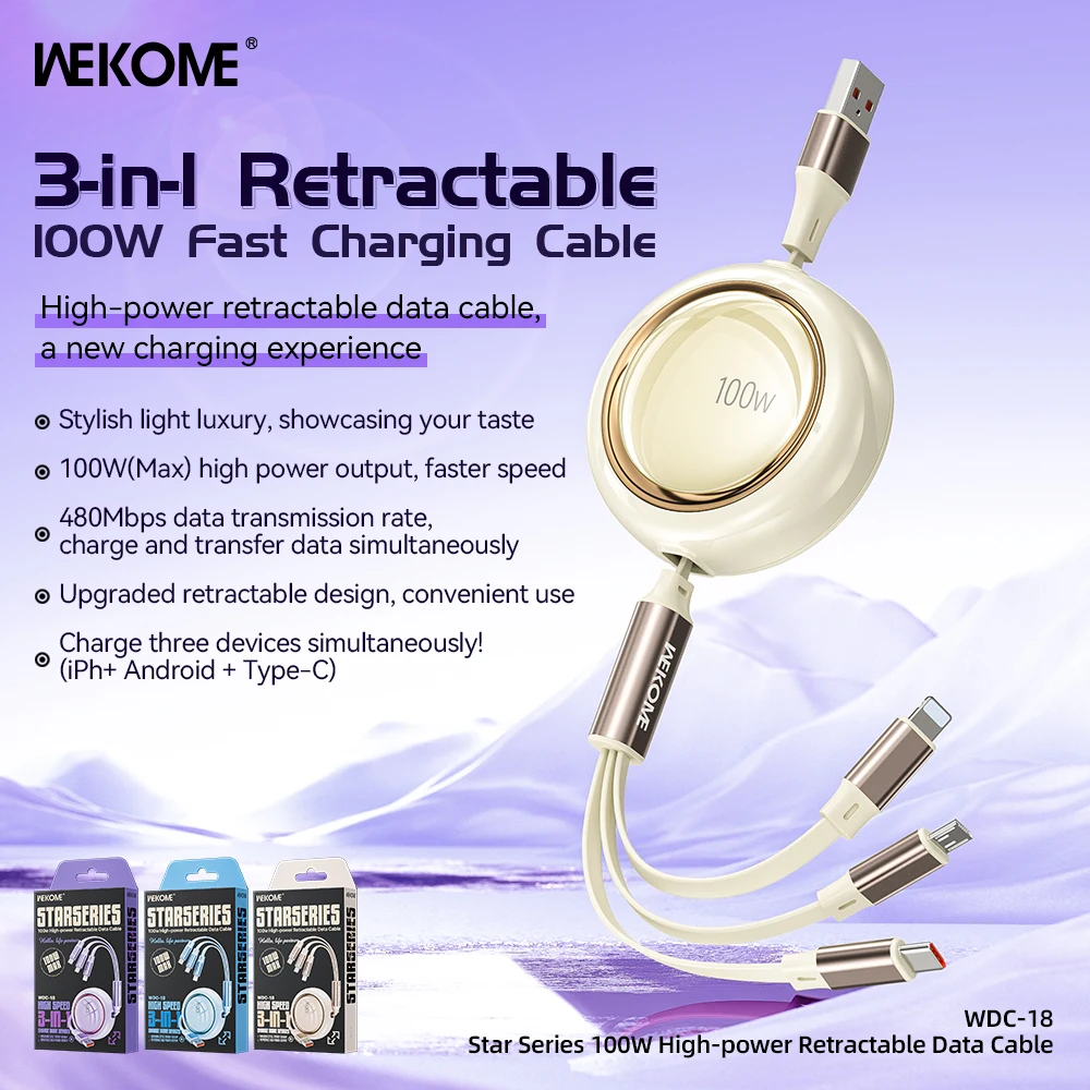WEKOME WDC-18 Retractable 3-in-1 100W Fast Charging Cable for iPhone Android Type-C 480Mbps
