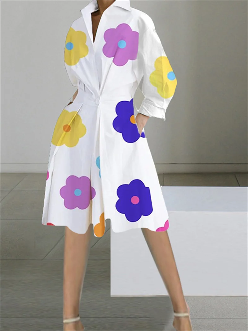 Women's Autumn Dress Long Sleeve Dot Print Elegant Midi Dresses White Casual V Neck Pockets Women Shirt Party Dresses Vestido