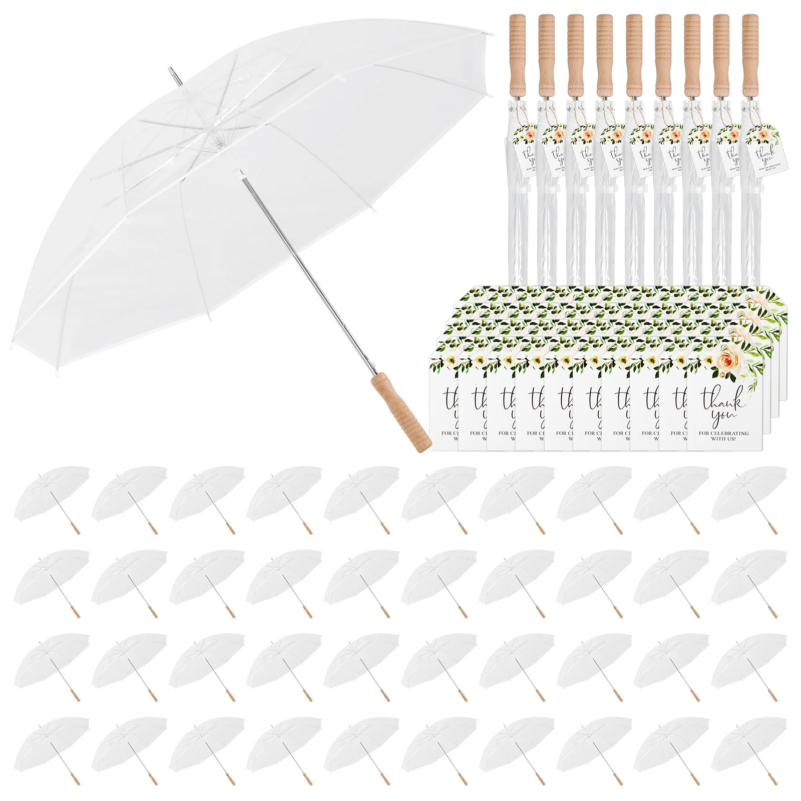 

50 Pack Stick Wedding Umbrellas Windproof Waterproof Clear Umbrellas for Wedding with Wooden Handle with Thank You Tags and Rope