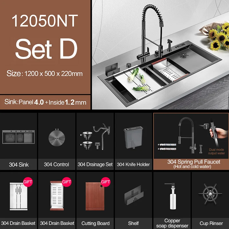 Double Sink Cup Rinser Kitchen Sink 4mm Thickness 220mm Depth with Knife Holder Handmade Sinks