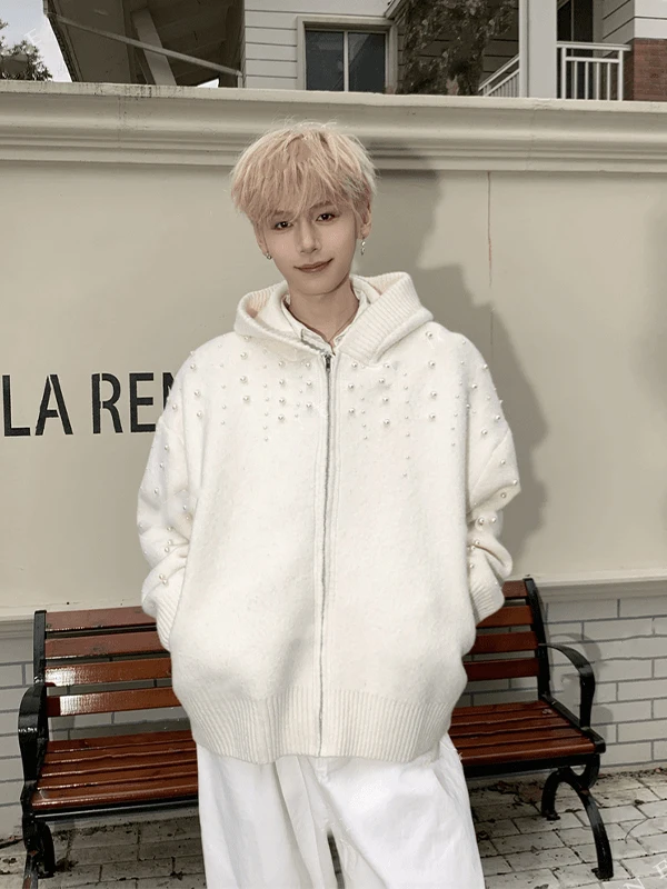 

Вязаный свитер с жемчугом, пальто, повседневное пальто на молнии с капюшоном, осень-зима, трикотажная одежда с высоким дизайном, Long Sve Youth Faion