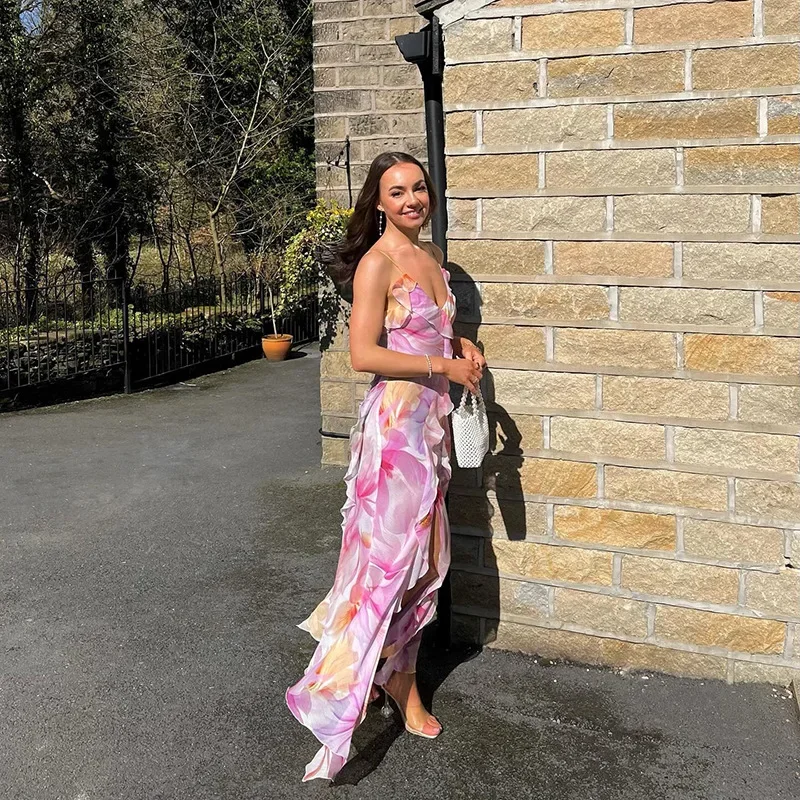 Weird Puss Flower Print Dress Woman Summer Strapless Splits Irregular Tassel Patchwork Backless Bandage Party Skinny Vestidos