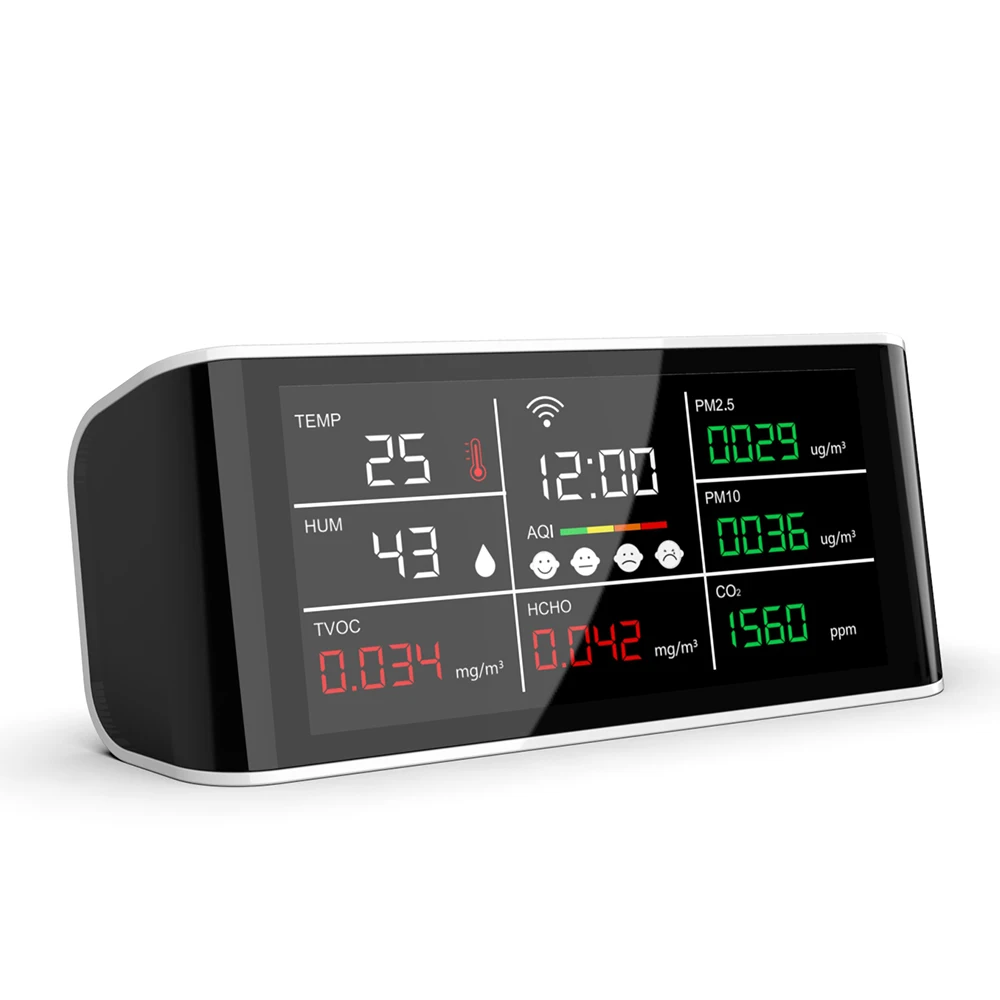 10-in-1 Tuya WiFi CO2/PM2.5/PM10/HCHO/TVOC/AQI/Clock/Temperature/Humidity Air Quality Tester Battery Operated CO2 Meter Detector