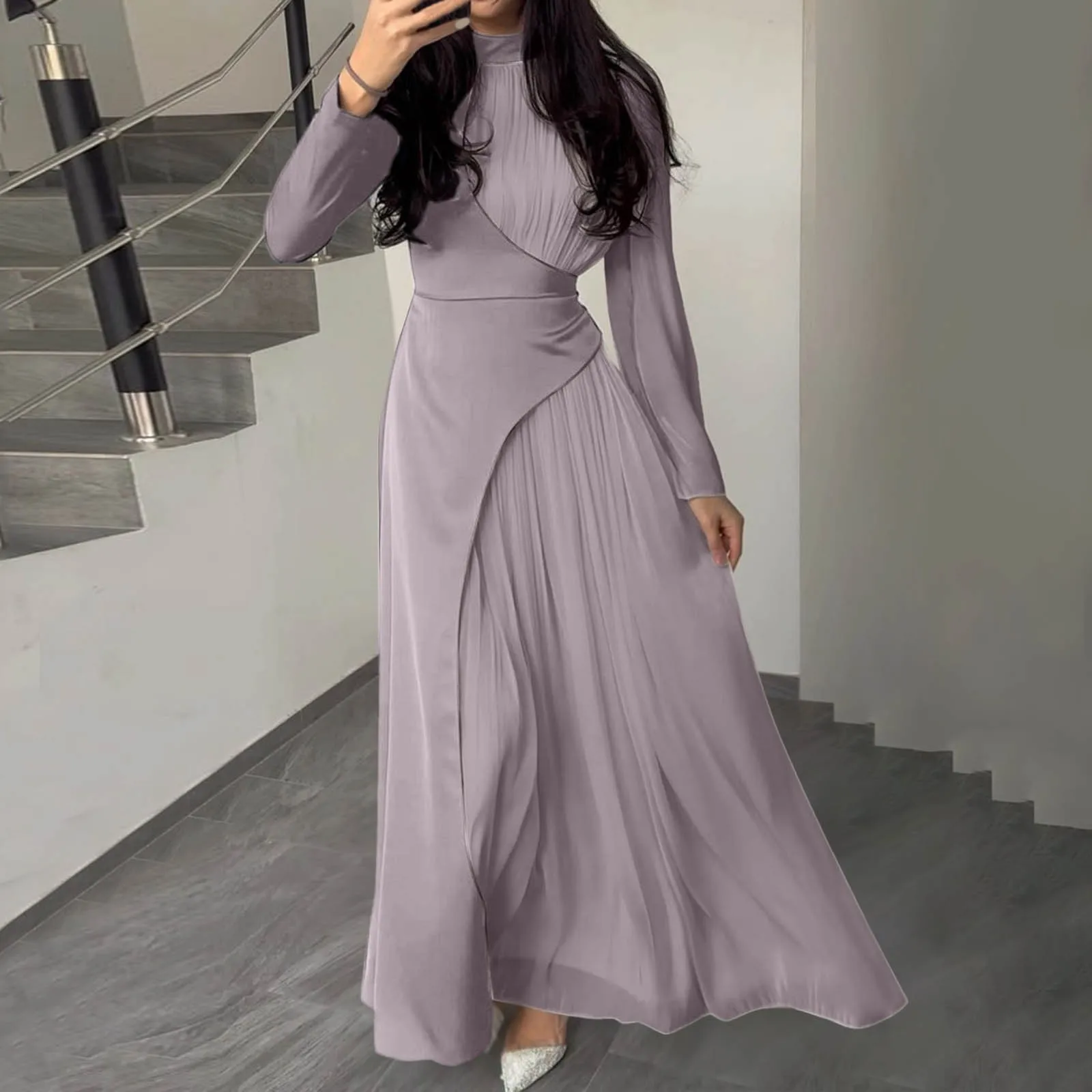 2024 Spring Summer Patchwork Women Dress Round Neck Long Sleeve Maxi Dresses Slim Fit Pleated Elegant Ladies Costume Long Dress