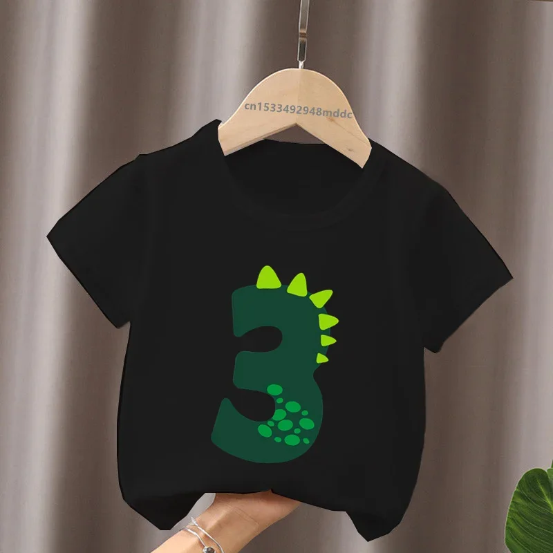 Cute Little Dinosaur Birthday Number Bow Kids T shirt 1 2 3 4 5 6 7 8 9 Years Girls Clothes Baby Boys Short Sleeve T-Shirts