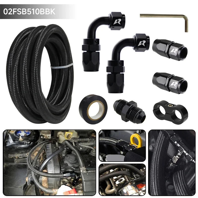 Universal 10FT 3.05M AN10 Nylon/Stainless Steel Braided Oil Fuel Line + AN10 Hose End Fitting Kit Black / Silver For golf mk7