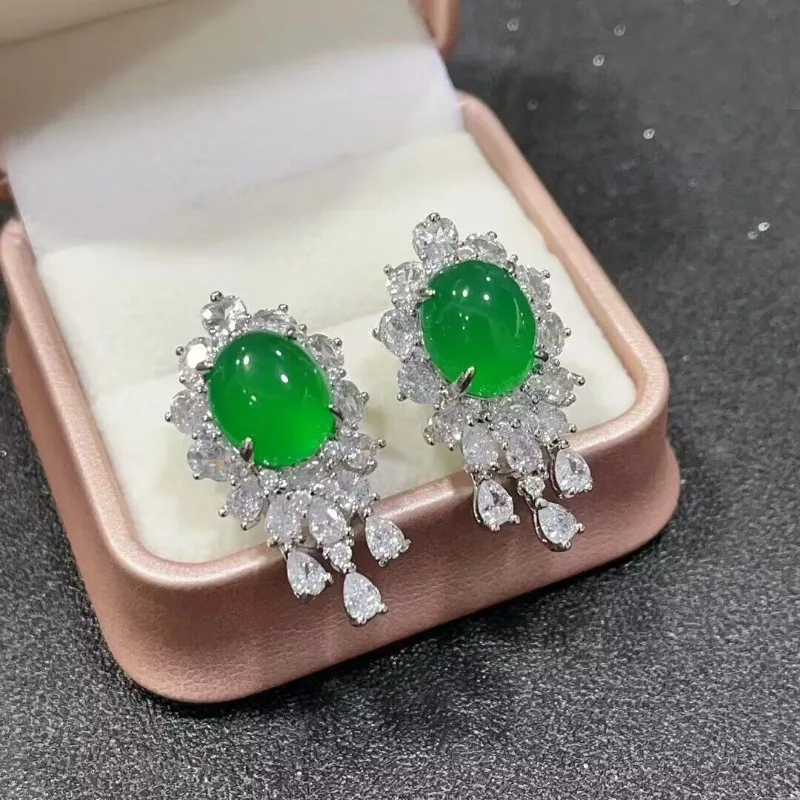 Bai Bing Chalcedony Earrings Inlaid with Ice Seeds and Covered with Green Earrings.