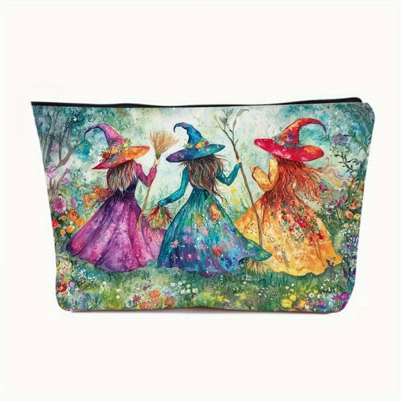 1pc Vibrant Witch Tuest Makeup Bag with Safety Zipper - Multi-Functional Travel Cosmetic Pouch, Colorful Halloween Design