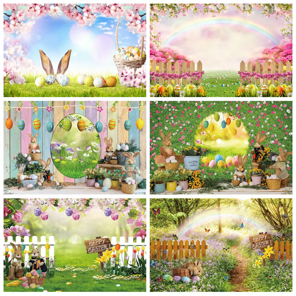 

Happy Easter Photography Backdrops Spring Green Grass Rabbit Bunny Eggs Wooden Board Baby Portrait Decor Background Photo Studio