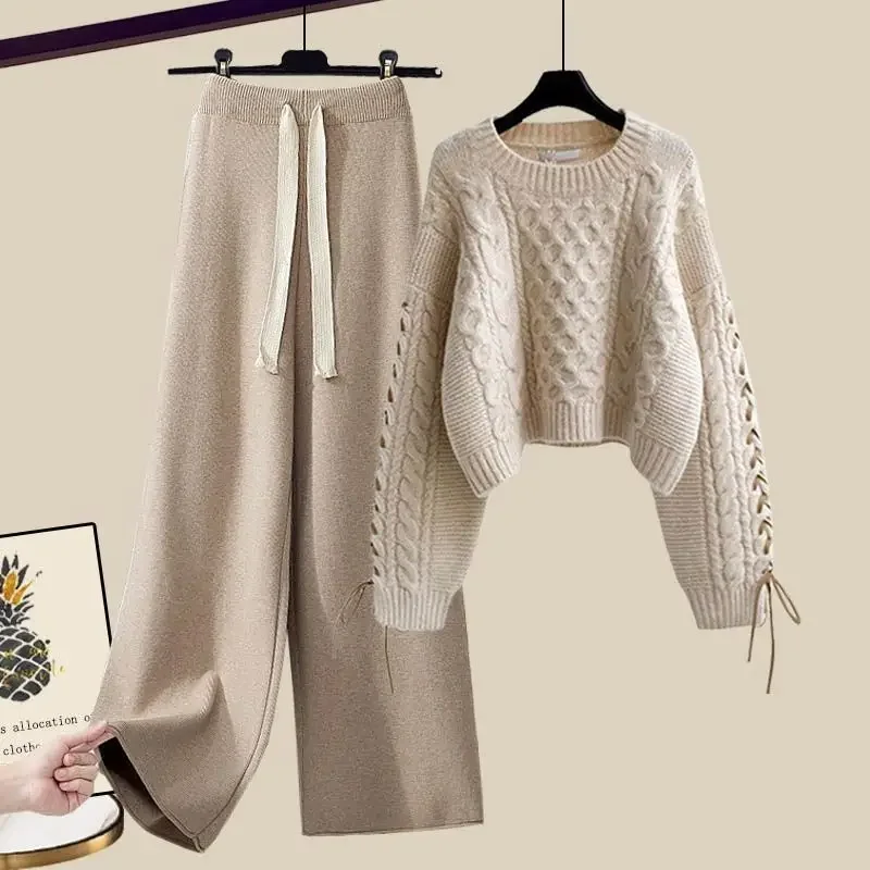 

Women's Autumn and Winter Suit Korean Elegant New Fashion Warm Pullover Knitted Sweater+Loose Wide Leg Pants Two-piece Set T08