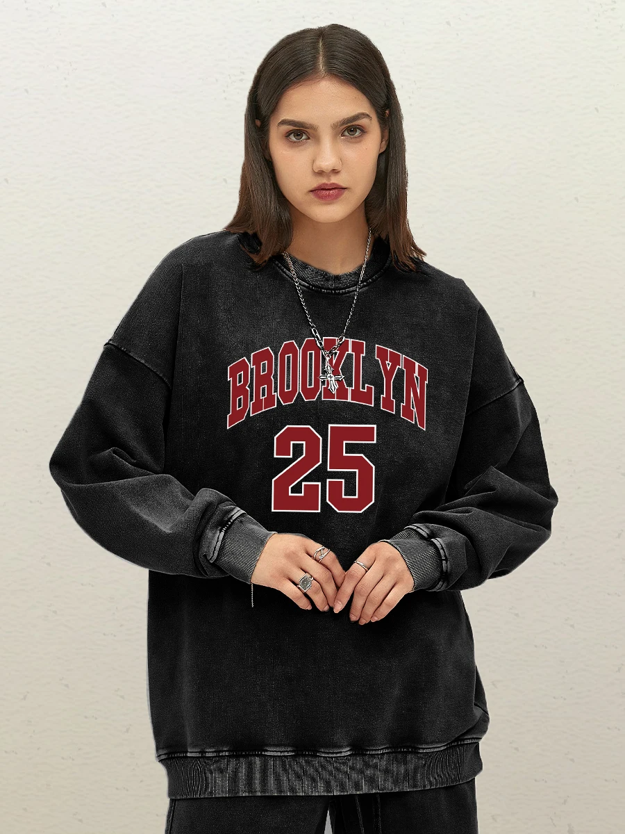 Brooklyn Letter Print Women Snow Wash Pullovers Fashion Hip Hop Washed Sweatshirt Loose Casual Hoody All-Match Cotton Top