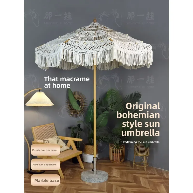 Handmade Foldable Lightweight Aluminum Woven Fabric Decorative Sunshade Umbrella Boho Style Outdoor Furniture for Courtyard