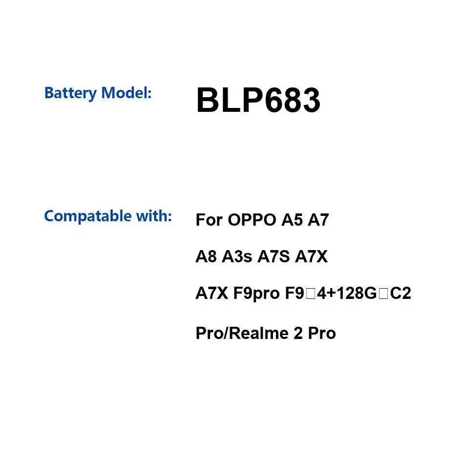 

Высокая производительность для Oppo A5 A7 A8 A3s A7S A7X F9pro F9 4 + 128G C2 Pro Realme 2 BLP683 Безопасный аккумулятор для мобильного телефона 3500 мАч