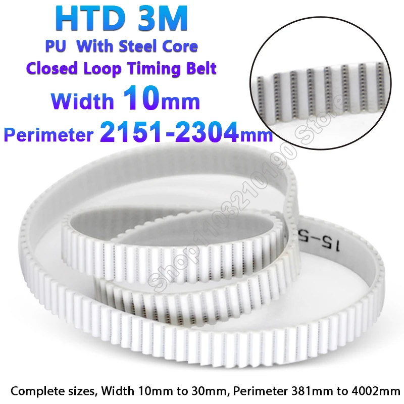 1Pc HTD 3M PU Timing Belt PU with Steel Core Closed Loop Perimeter 2151-2304mm White Polyurethane 3M Synchronous Belt Width 10mm