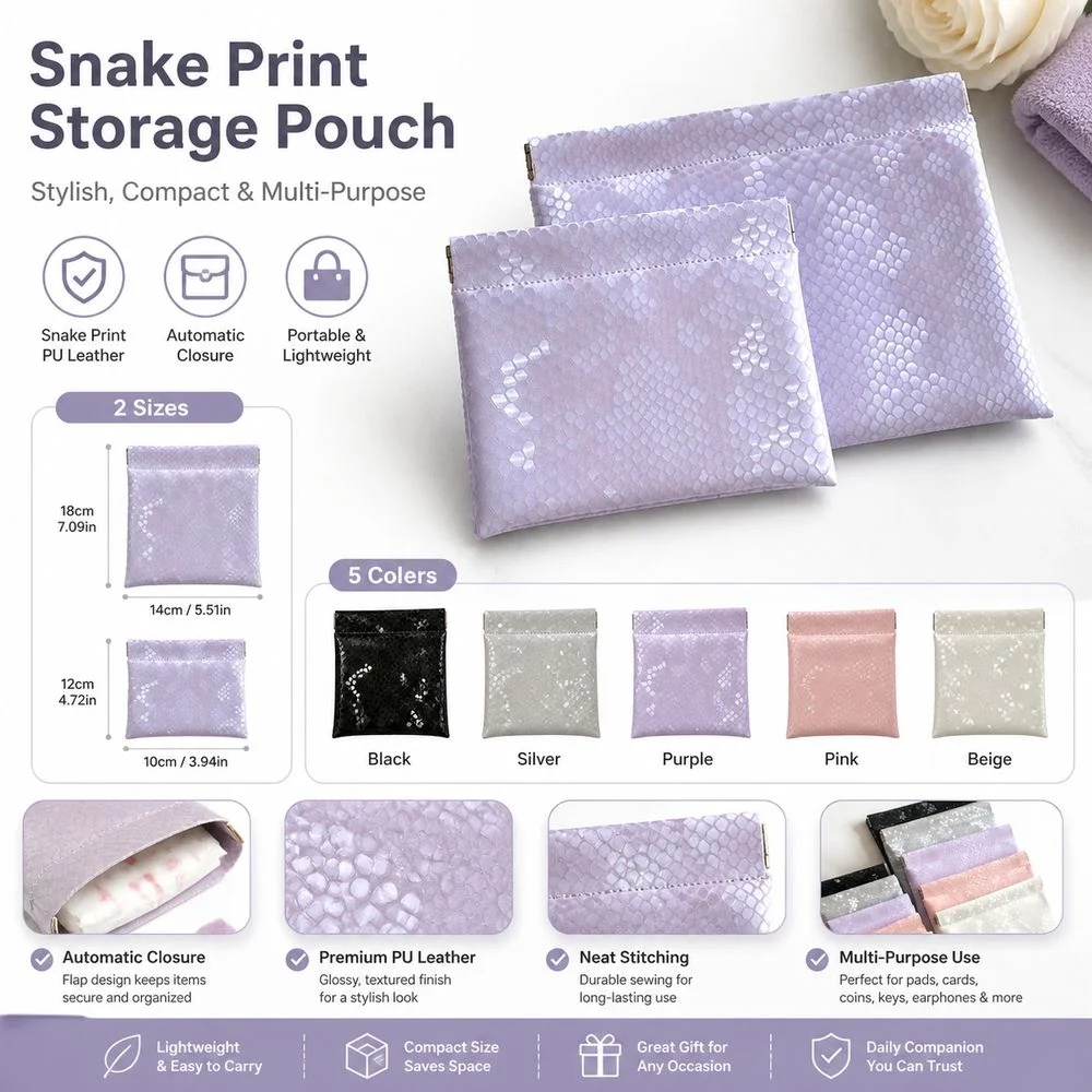 PU Leather Serpentine Leather Handbag Shiny Finish Automatic Closure Accessory Bag Snake Print Makeup Storage Bag