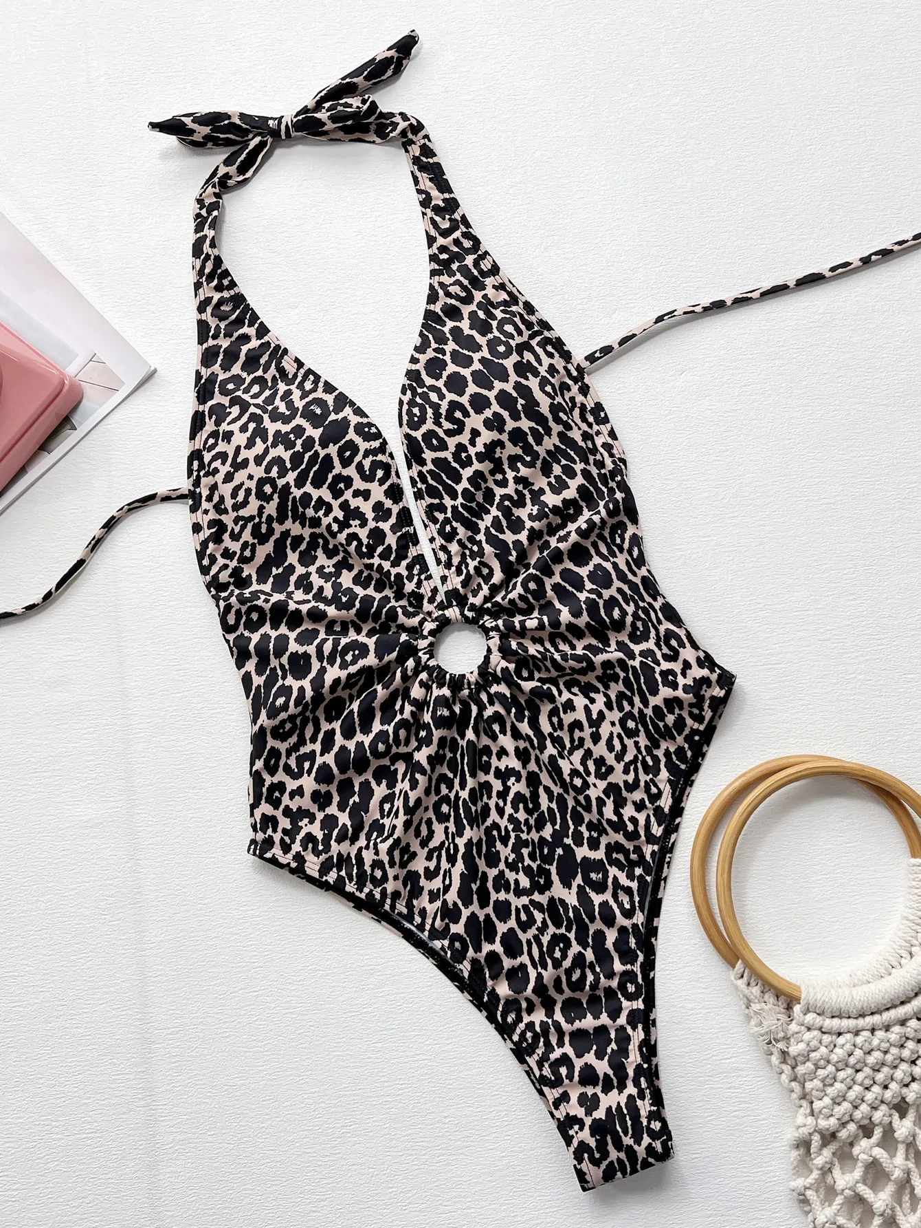 Traje de baño sexy con estampado de leopardo de una pieza con anillo sin espalda, bikinis con cuello en V profundo, trajes de baño, trajes de baño, bikini, trajes de playa