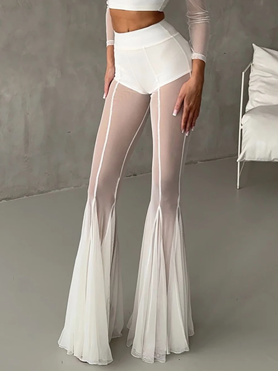 Women's sexy and fashionable stretchy, fitted, cut-out, transparent mesh flare pants