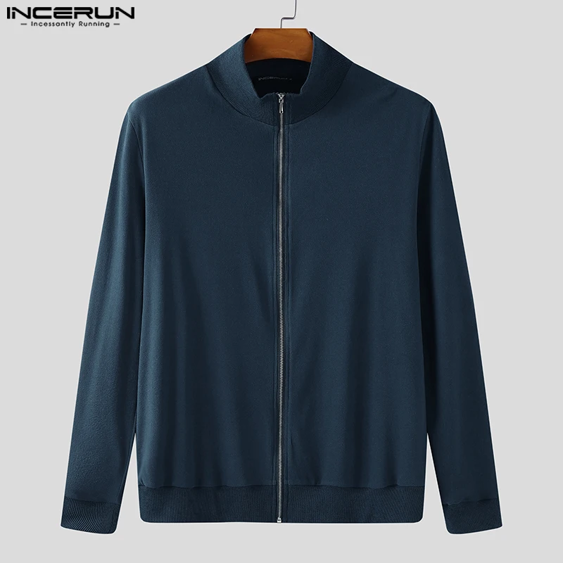 INCERUN Men Sweatshirts Solid Color Stand Collar Long Sleeve Zipper Male Cardigan Streetwear Autumn 2025 Fashion Casual Hoodies