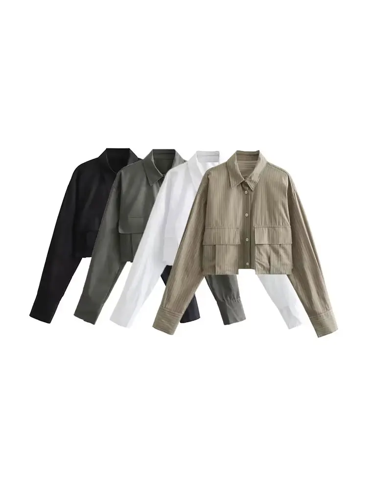 

TRZA-Long Sleeve Cropped Blouses With Pockets For Women, Front Button, Chic Tops, Female Fashion