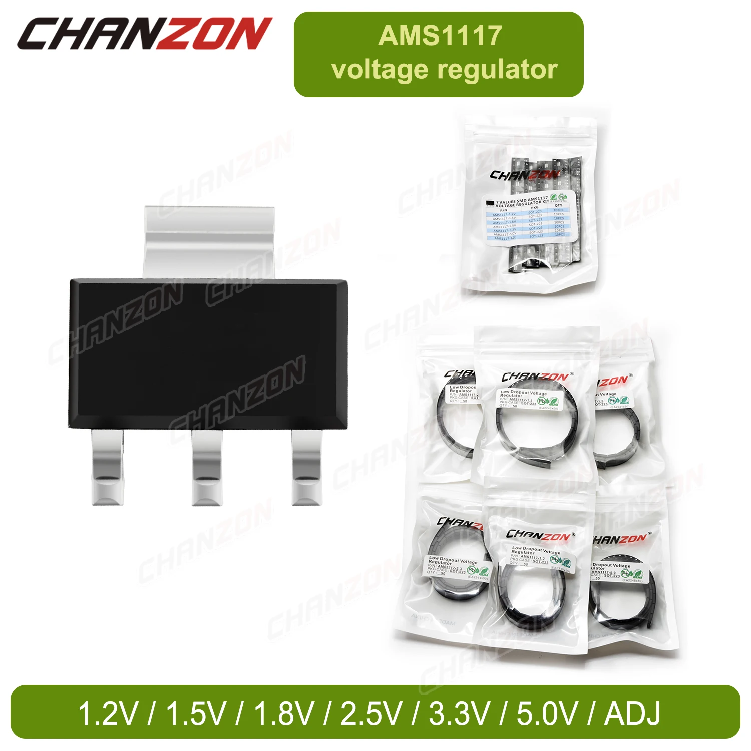 

Sot-223 Ams1117 Kit Ams1117-3.3V Ams1117-5.0V Ams1117-Adj Ams1117-1.2V Ams1117-1.5V Ams1117-1.8V Ams1117-2.5V Voltage Regulator