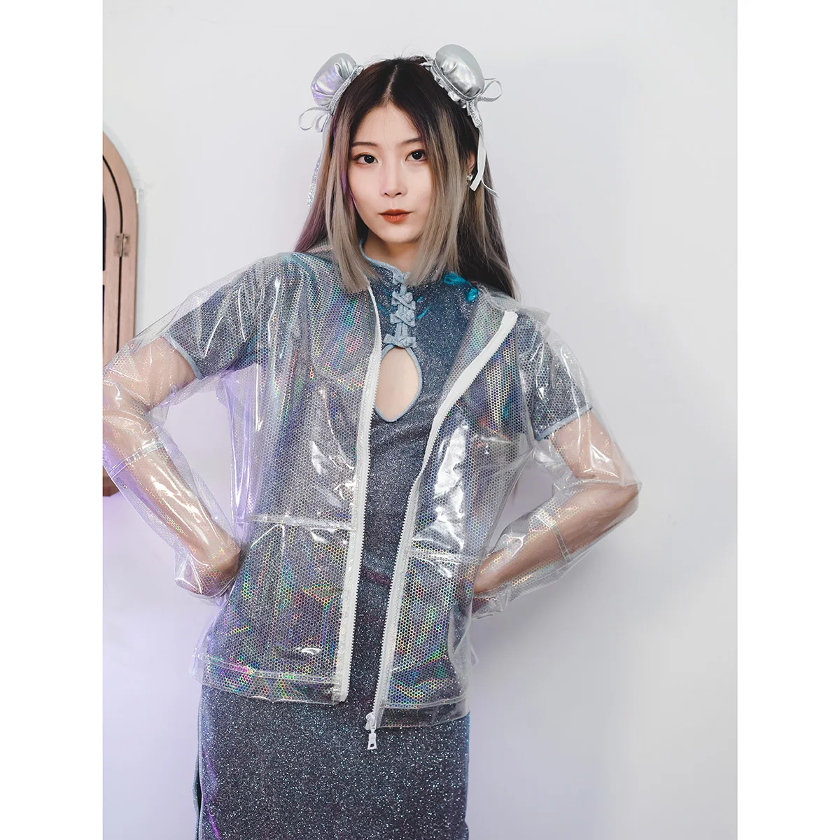 Feat.[CW Wearable AT Mirror] Rainbow-light Transparent Coat Cyberpumk Futuristic Grid Texture Crystal Jacket