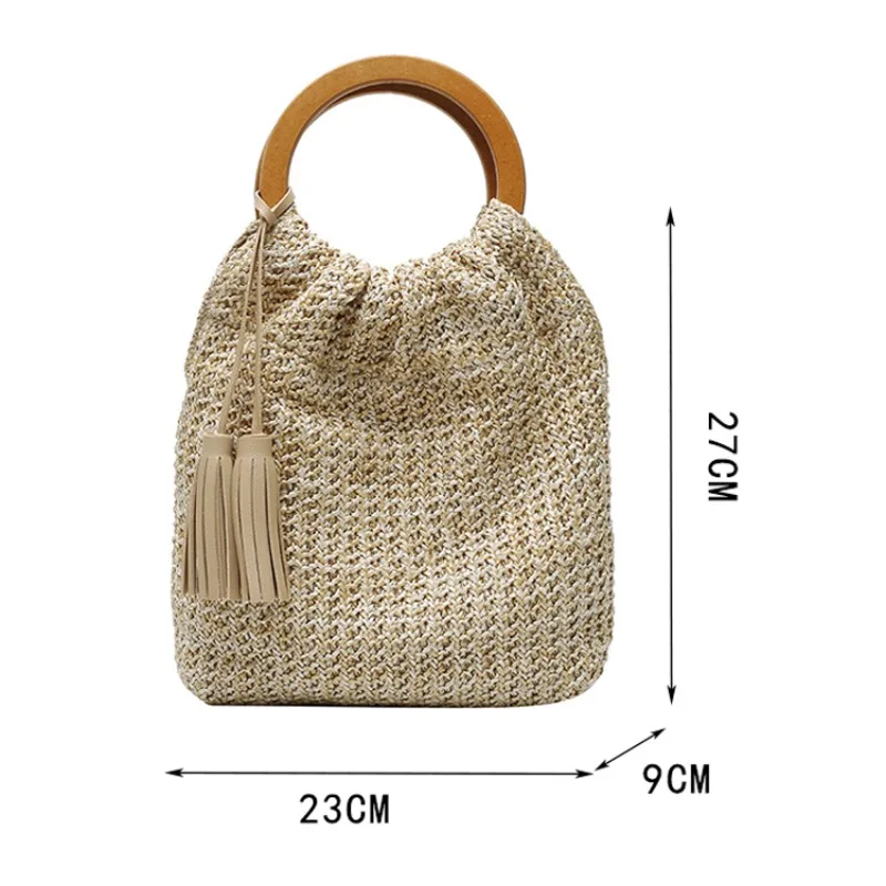 Bolsa tecida simples para senhoras, sacola casual pequena, cabo de madeira, monocromática, viagem, verão