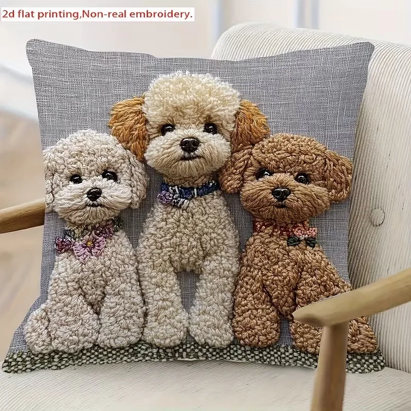 3 Poodle Teddy Faux Embroidery Pillow Cover 45x45cm Linen Cushion Case Sofa Home Decor Pet Decorative Pillowcase No Insert