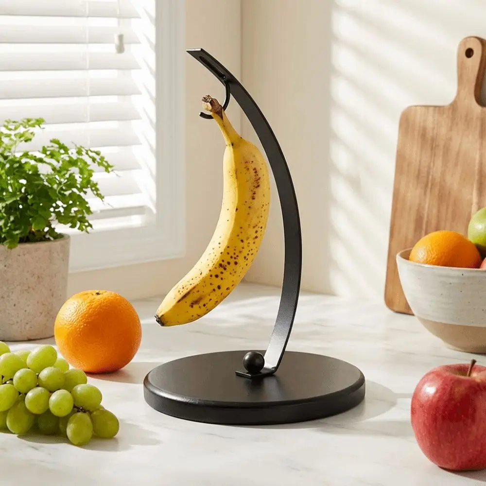 Draining Metal Banana Holder Stable Stand With Wood Base Fruit Storage Holder Hanging with Hook Banana Hanger Rack Home Use