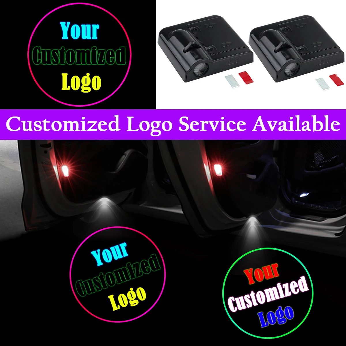 

2x Your Customized Logo Car Door LED Light Wireless Sensor No Need Drilling Ghost Shadow Puddle Laser Projector Universal