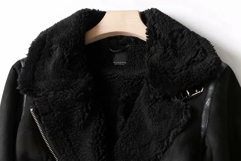 Thick Women's Coat Winter 2023 Suede Fleece Lined Lapel Oblique Zipper Pockets Patchwork Motorcycle Jacket Outwear Women Clothes