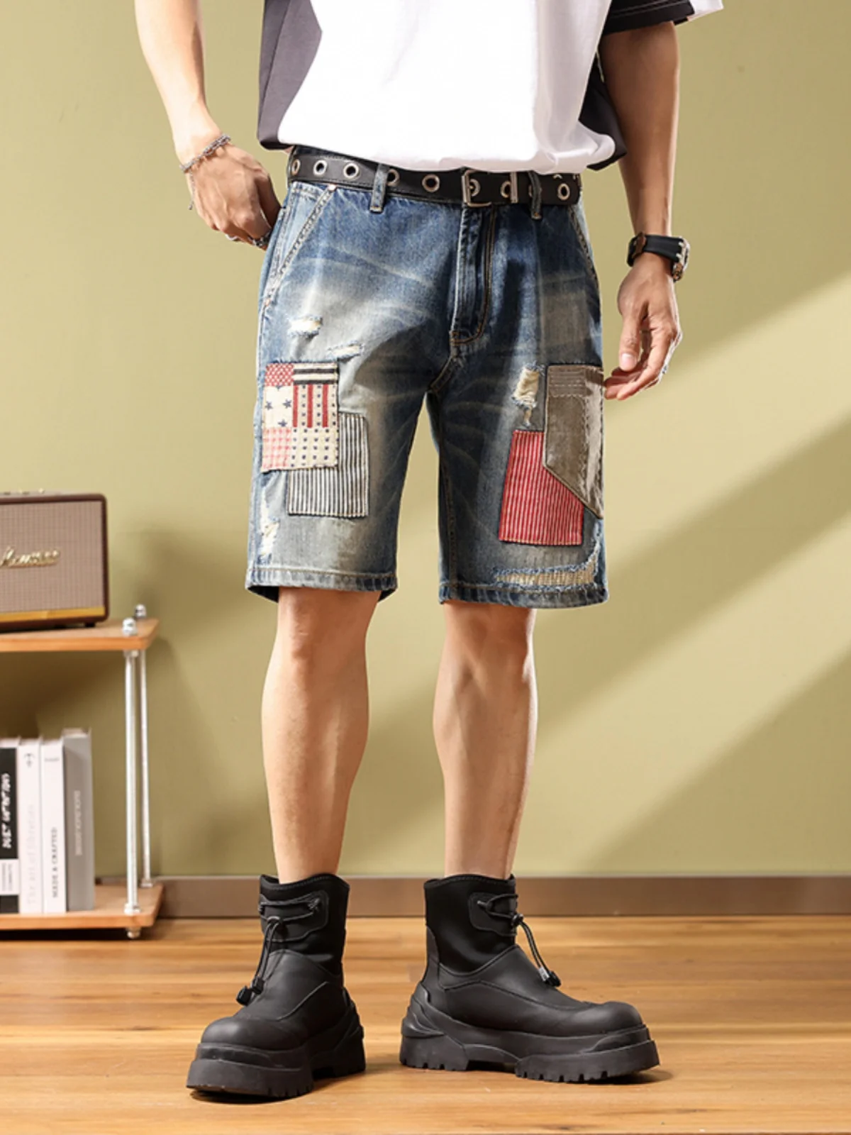 

Ретро-джинсы в гонконгском стиле для мужчин: повседневные свободные джинсы-шорты из хлопка с эластаном, прямые штанины