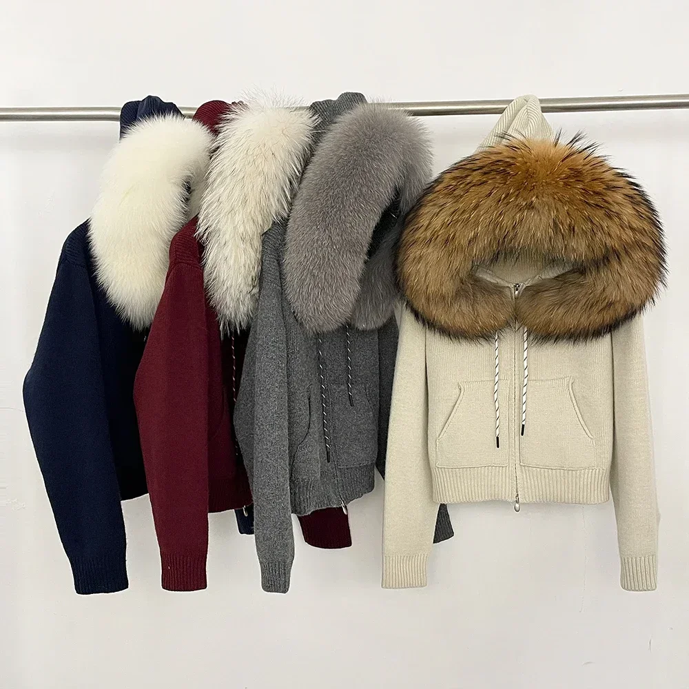معطف الفرو الطبيعي كم طويل بلايز سترة للنساء متماسكة هوديي مع سترة كبيرة من فرو الثعلب الحقيقي سترة متماسكة جيوب بسحاب