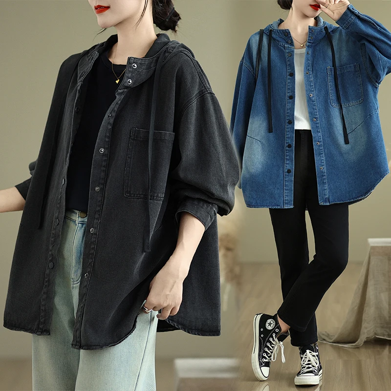 

Slimming Effectiven Large Size Premium Quali Women's irt Spring Autumn New Sle Hooded Denim irt Outerwear