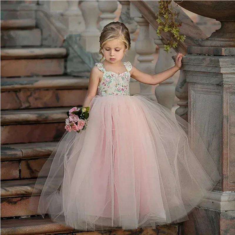 Nuovo 1-6years Pink Flower Girl Dress Toddler Kids Lace Wedding Party Costumes Clothes Cute Summer Children Clothing