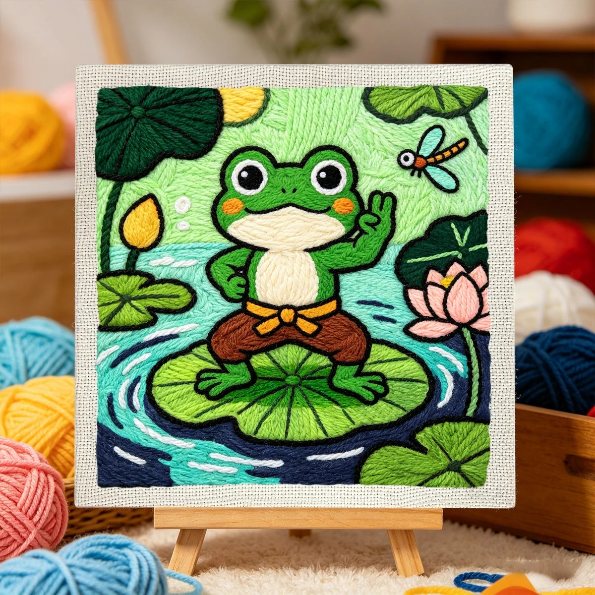 1 Set Frosch auf Lotusblatt DIY-Stickset für Anfänger, Stick-Starter-Kit, Kreuzstich-Kunstgeschenk, Nadelarbeiten – Detail 2