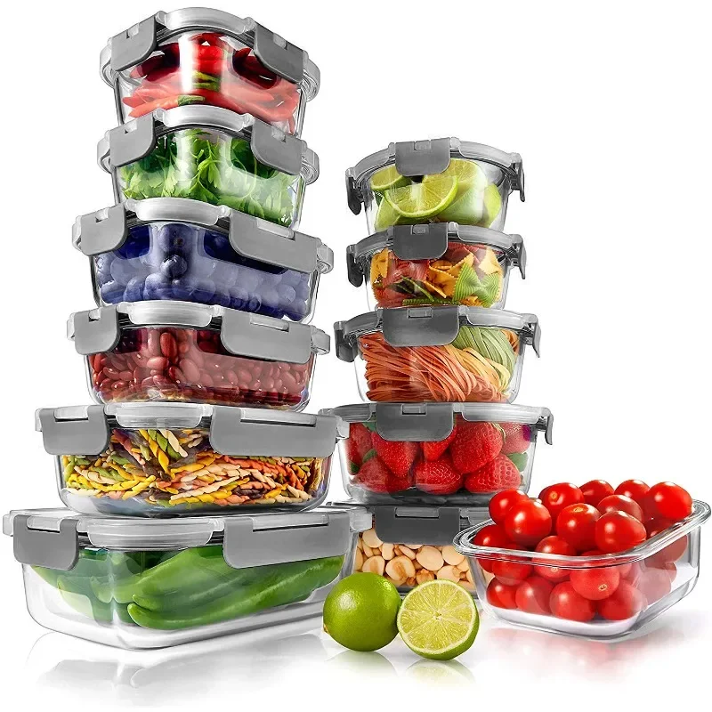 24-Piece Superior Glass Food Storage Containers Set - Stackable Design BPA-free Locking lids (Gray) Glass Containers