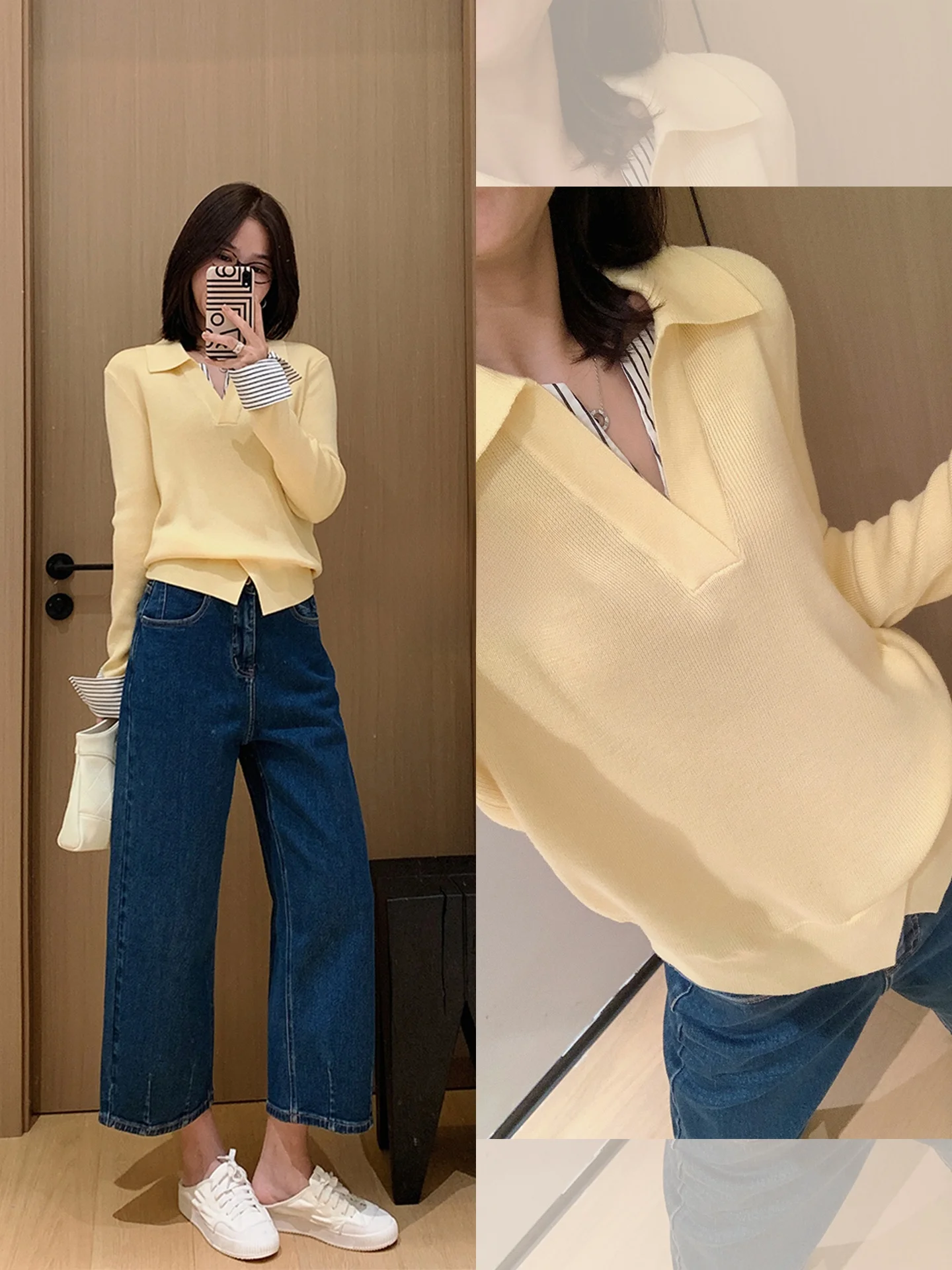 

Вязаный свитер Ele Ne из смесовой шерсти в полоску с пэчворком, повседневный, женский, с длинными рукавами, серия Miu