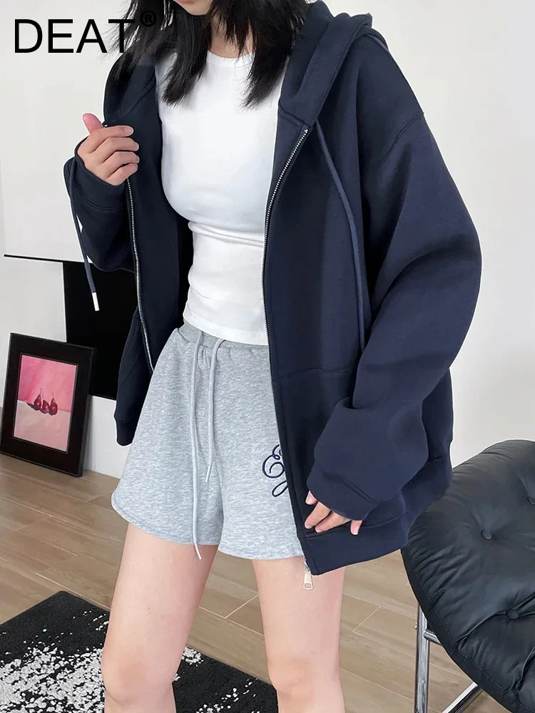 

DEAT Fashion Women's Hoodies Hooded Drawstring Loose Zipper Long Sleeve Navy Blue Sweatshirt Autumn 2024 New Tide 7AB5145