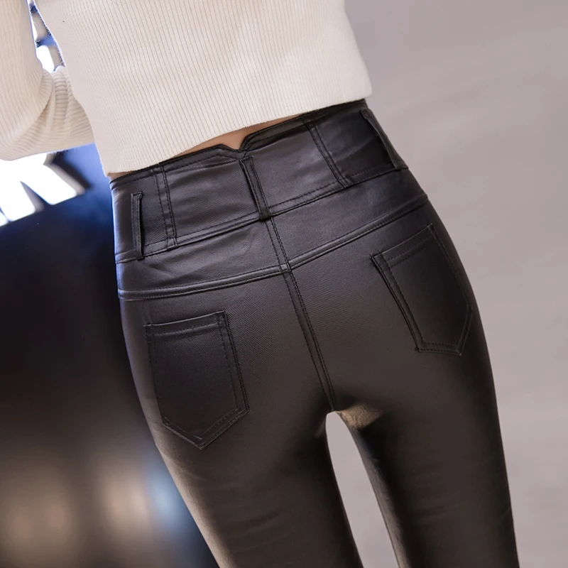 ハイウエスト裏起毛レディースレザーパンツ 2024年新作 ペンシルカットベースレイヤーパンツ 秋冬アウター