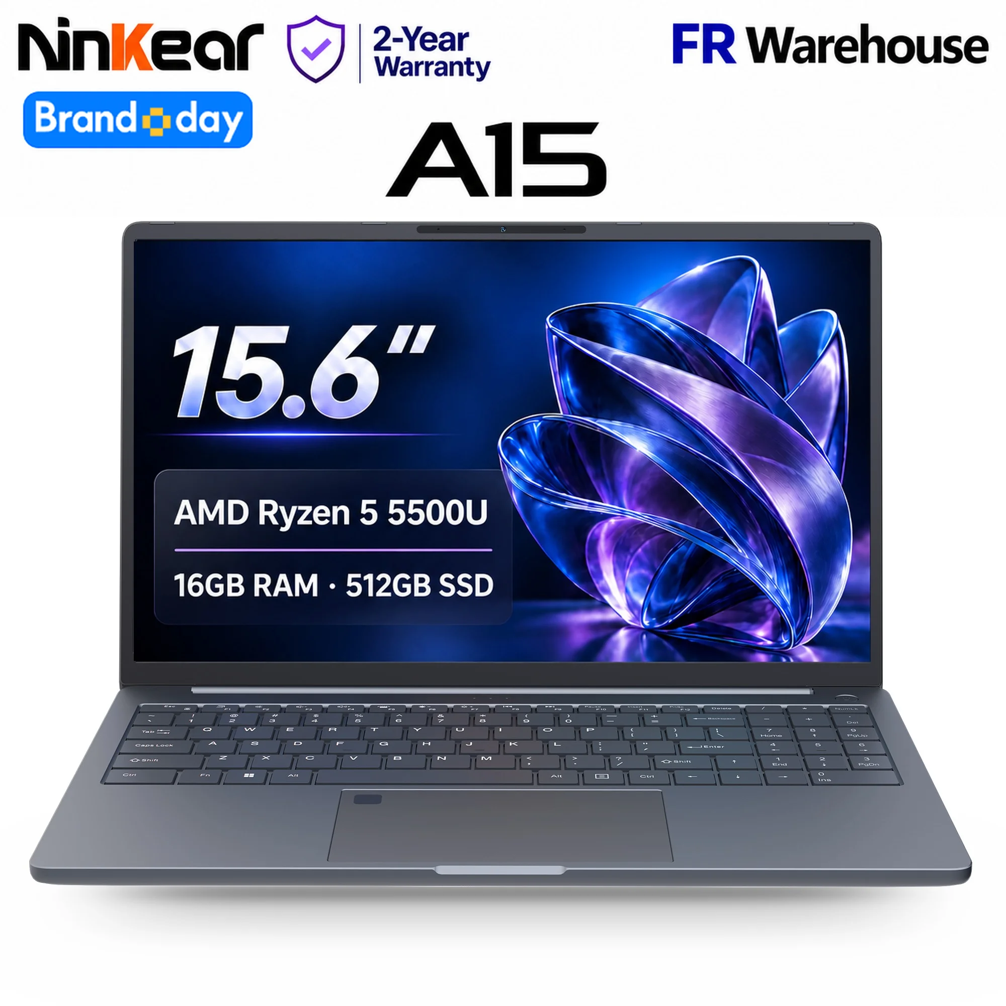 Ninkear A15 Laptop 15.6 Inch FHD IPS Scherm AMD Ryzen 5 5500U 16GB RAM 512GB SSD Windows 11 WiFi 6 vingerafdrukscanner verlicht toetsenbord voor werk studie multitasking