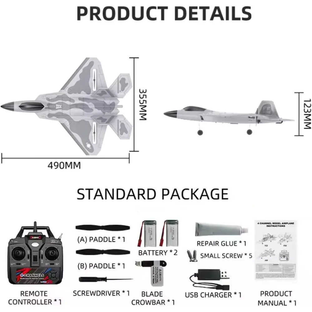 2.4GHz 4-Channel F22 RC Airplane with 6-Axis Gyro, 3D/6G Flight Modes, and Dual Batteries